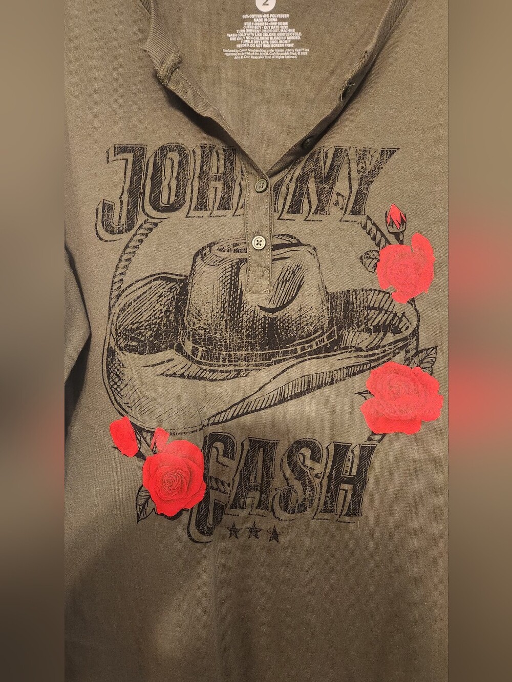 Torrid Olive Johnny Cash Graphic Tank with Red Rose Accents - Picture 2 of 4